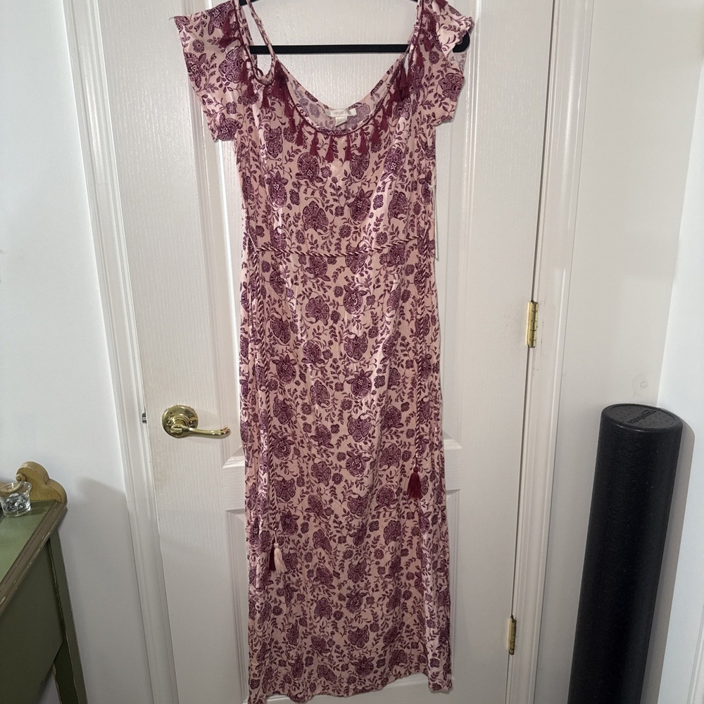 Pink Purple Floral Maxi Dress Off Shoulder Tassel Boho Side Slit M NWT